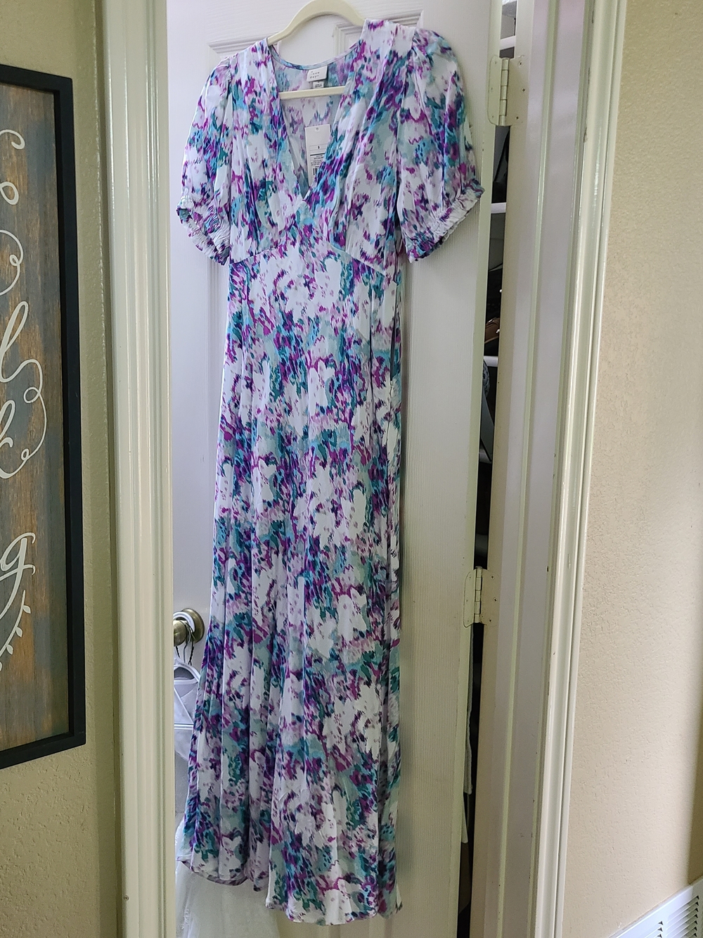 White Maxi Dress with Purple and Teal Floral Print